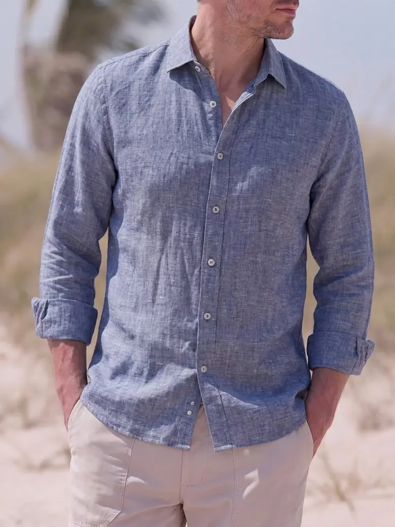 Chemise en lin uni bleu ardoise 