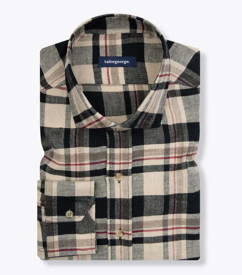 Chemise en lin épais à carreaux beiges et marron